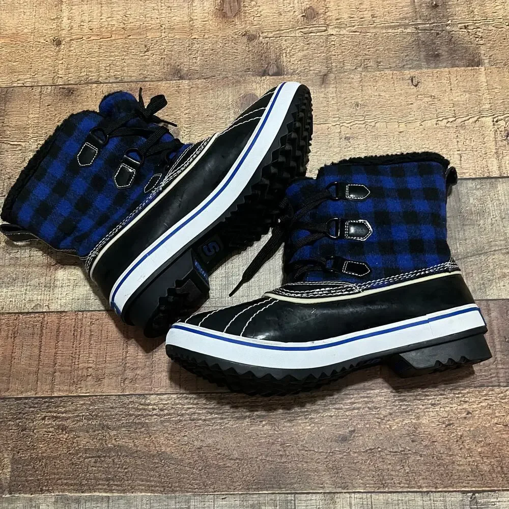 Skechers Women's Blue Black Buffalo Plaid Insulated Lined Winter Duck Boots Sz 9